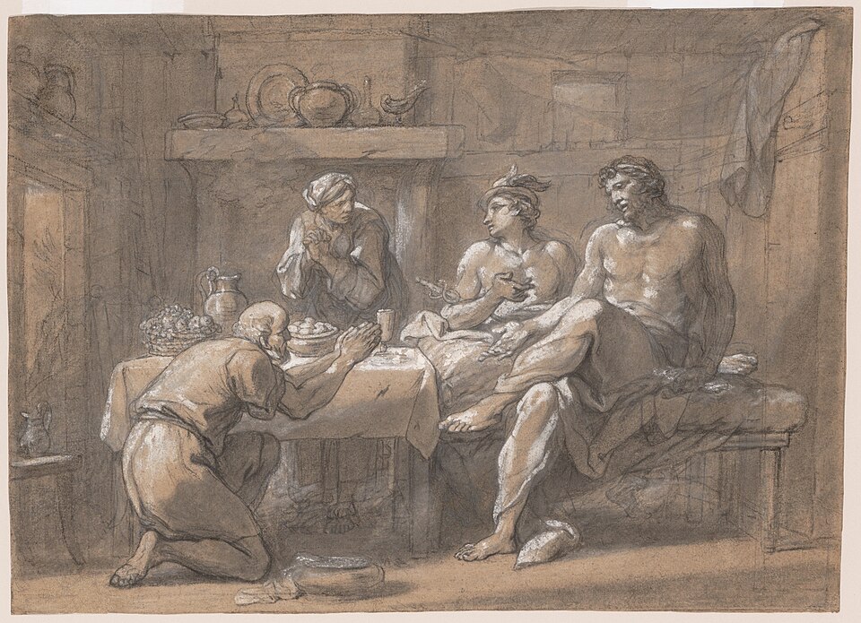 Classical painting of Jupiter and Mercury disguised as beggars, received by Baucis and Philemon