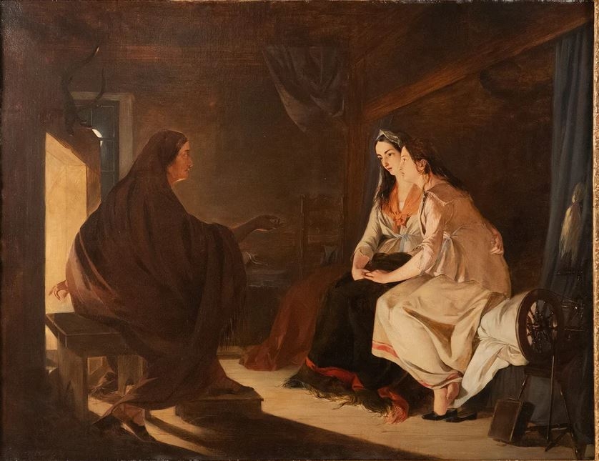 A fortune teller consulting two young women, 19th century oil painting
